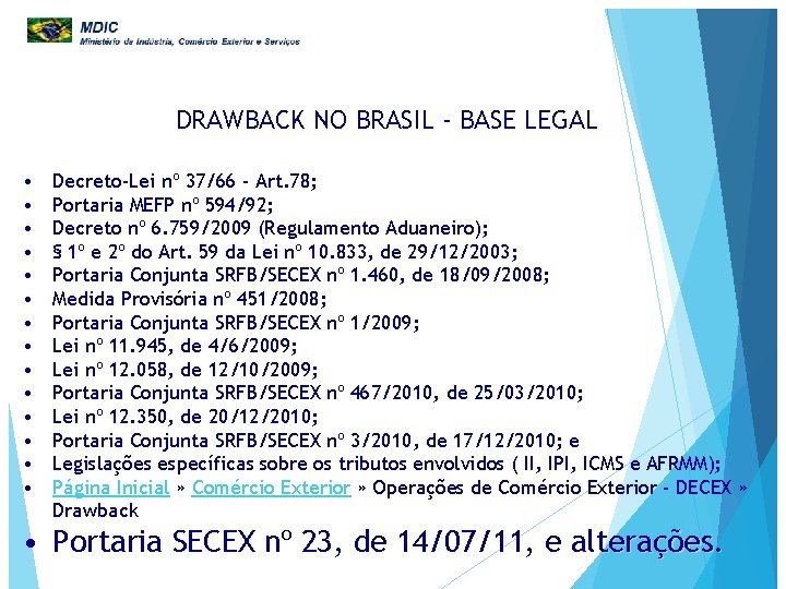 DRAWBACK NO BRASIL - BASE LEGAL • • • • Decreto-Lei nº 37/66 -