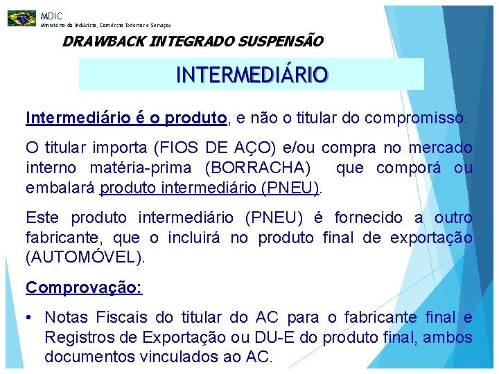 MDIC Ministério da Indústria, Comércio Exterior e Serviços DRAWBACK INTEGRADO SUSPENSÃO INTERMEDIÁRIO Intermediário é