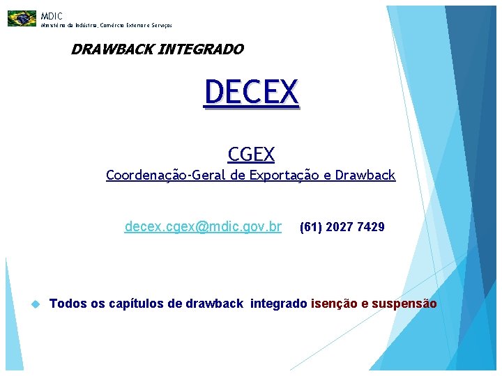 MDIC Ministério da Indústria, Comércio Exterior e Serviços DRAWBACK INTEGRADO DECEX CGEX Coordenação-Geral de