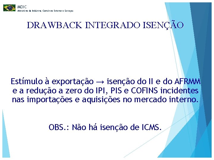 MDIC Ministério da Indústria, Comércio Exterior e Serviços DRAWBACK INTEGRADO ISENÇÃO Estímulo à exportação