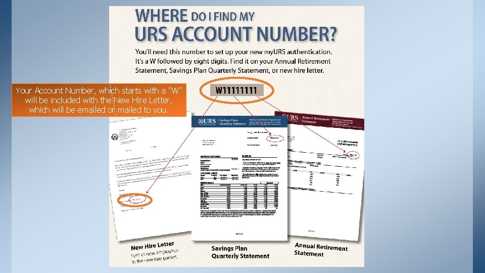 Your Account Number, which starts with a “W” will be included with the New