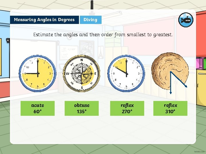 Measuring Angles in Degrees Diving Estimate the angles and then order from smallest to