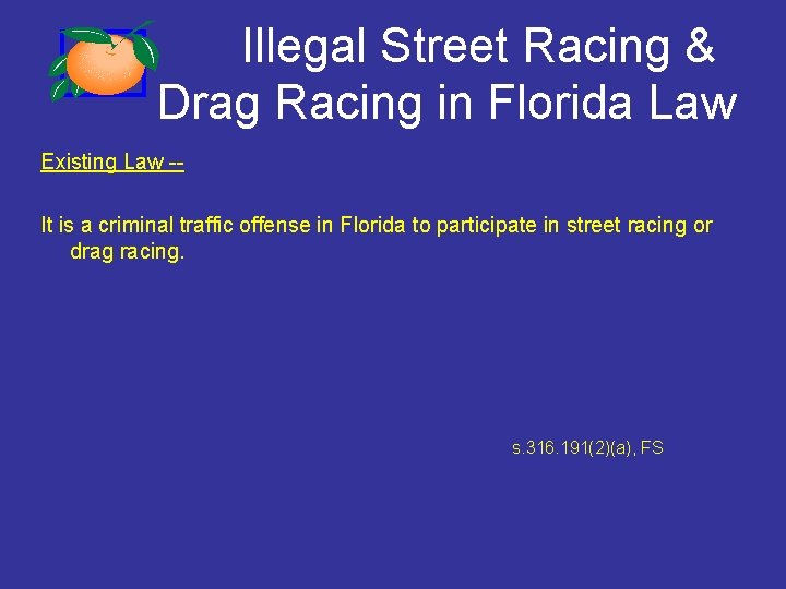 Illegal Street Racing & Drag Racing in Florida Law Existing Law -It is a Illegal Street Racing & Drag Racing in Florida Law Existing Law -It is a