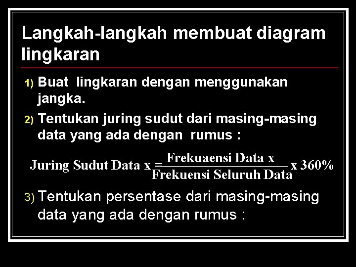 Langkah-langkah membuat diagram lingkaran Buat lingkaran dengan menggunakan jangka. 2) Tentukan juring sudut dari