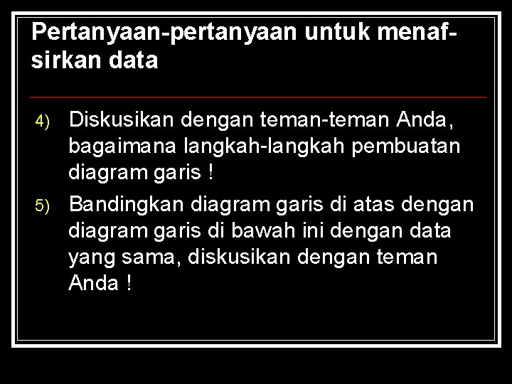 Pertanyaan-pertanyaan untuk menafsirkan data 4) 5) Diskusikan dengan teman-teman Anda, bagaimana langkah-langkah pembuatan diagram