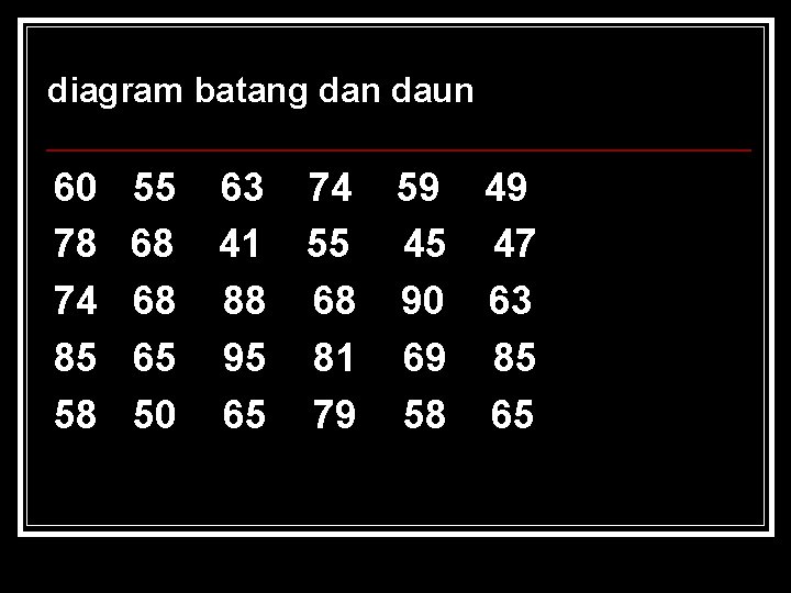 diagram batang dan daun 60 78 74 85 58 55 68 68 65 50