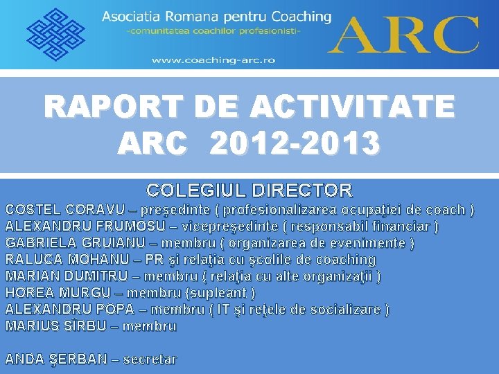 RAPORT DE ACTIVITATE ARC 2012 -2013 COLEGIUL DIRECTOR COSTEL CORAVU – preşedinte ( profesionalizarea