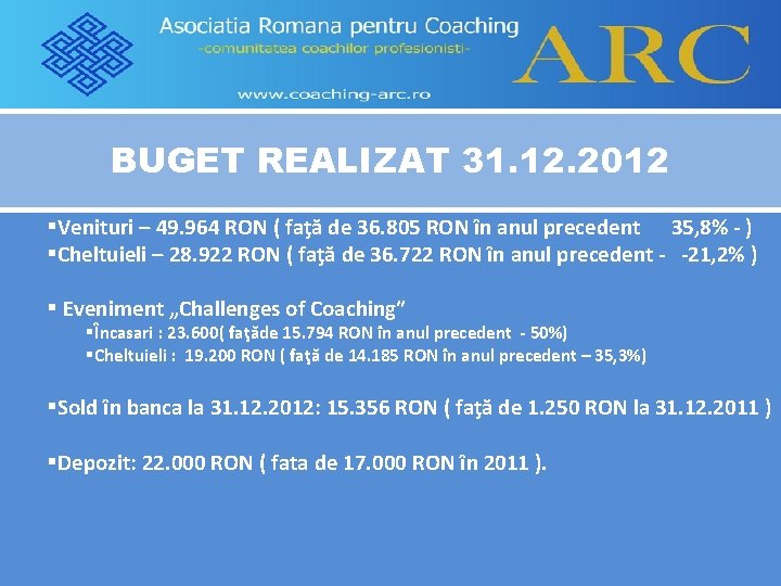 BUGET REALIZAT 31. 12. 2012 §Venituri – 49. 964 RON ( faţă de 36.