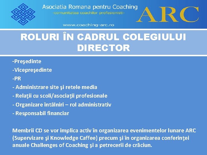 ROLURI ÎN CADRUL COLEGIULUI DIRECTOR -Preşedinte -Vicepreşedinte -PR - Administrare site şi retele media