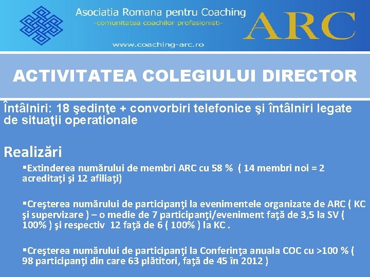 ACTIVITATEA COLEGIULUI DIRECTOR Întâlniri: 18 şedinţe + convorbiri telefonice şi întâlniri legate de situaţii