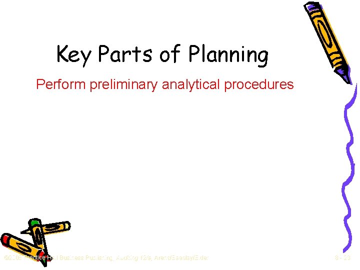 Key Parts of Planning Perform preliminary analytical procedures © 2008 Prentice Hall Business Publishing,
