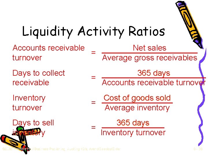 Liquidity Activity Ratios Accounts receivable Net sales = turnover Average gross receivables Days to