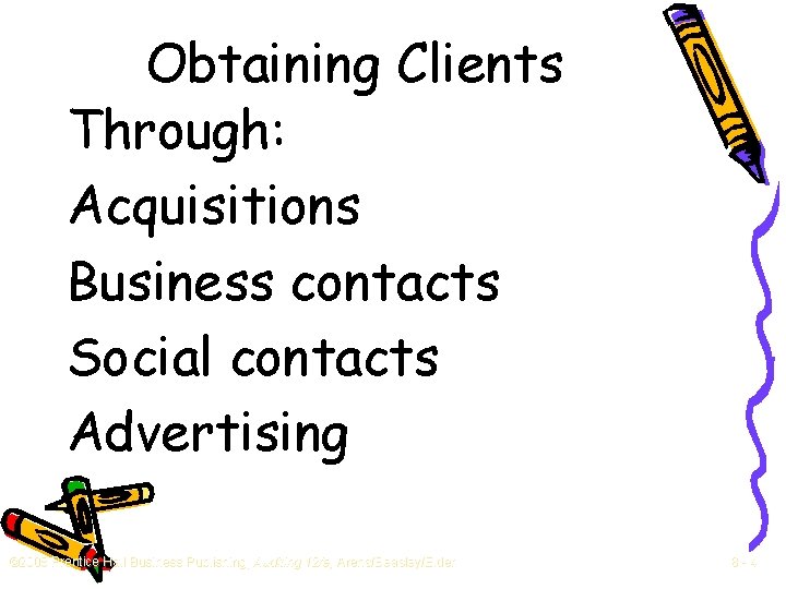 Obtaining Clients Through: Acquisitions Business contacts Social contacts Advertising © 2008 Prentice Hall Business
