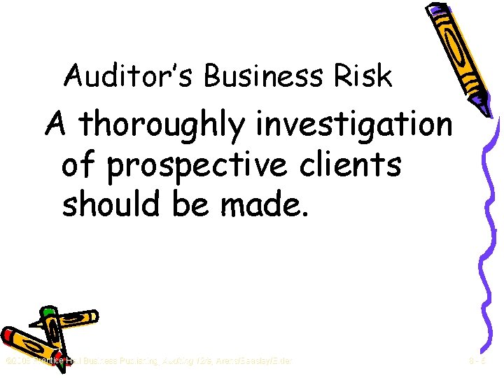Auditor’s Business Risk A thoroughly investigation of prospective clients should be made. © 2008
