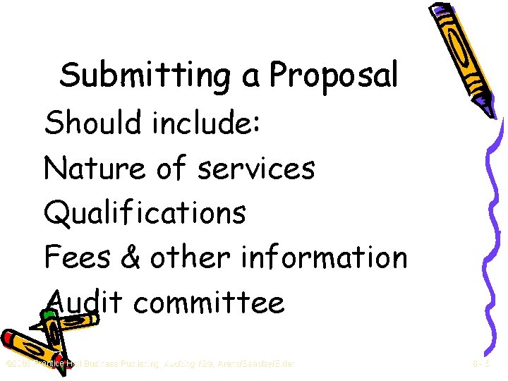 Submitting a Proposal Should include: Nature of services Qualifications Fees & other information Audit