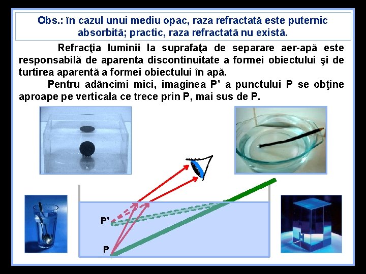 Obs. : în cazul unui mediu opac, raza refractată este puternic absorbită; practic, raza