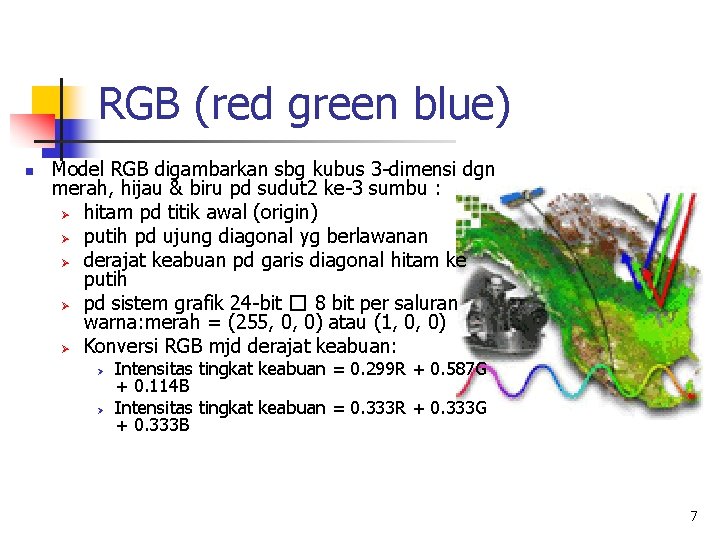 RGB (red green blue) n Model RGB digambarkan sbg kubus 3 -dimensi dgn merah,