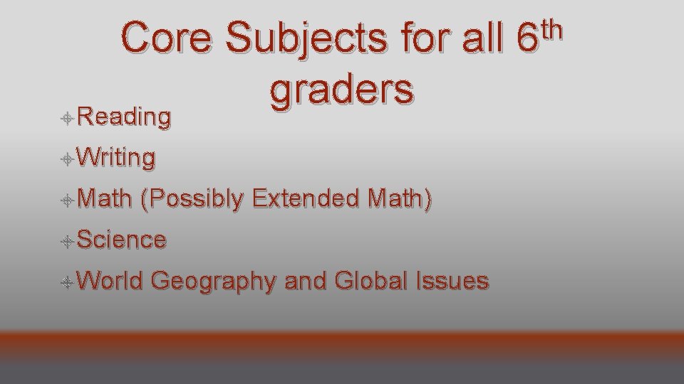 Core Subjects for all graders Reading Writing Math (Possibly Extended Math) Science World Geography