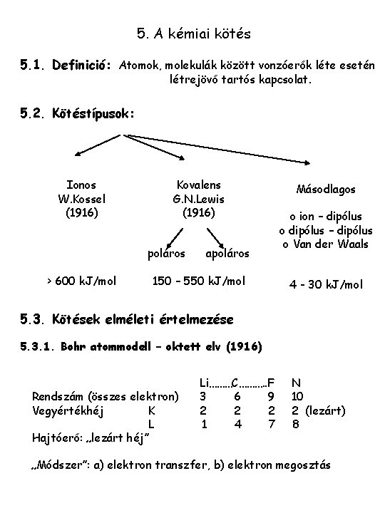5. A kémiai kötés 5. 1. Definició: Atomok, molekulák között vonzóerők léte esetén létrejövő