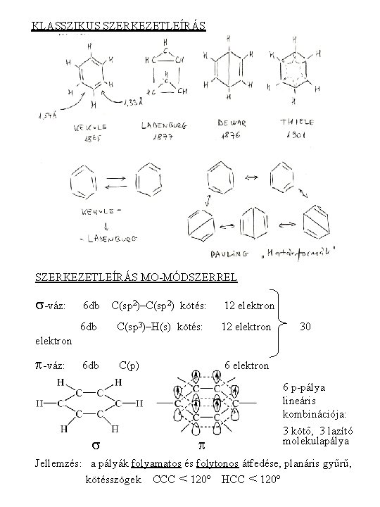 KLASSZIKUS SZERKEZETLEÍRÁS MO-MÓDSZERREL s-váz: 6 db C(sp 2)–C(sp 2) kötés: 12 elektron 6 db