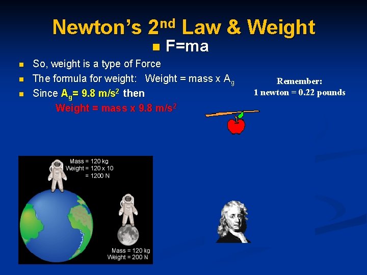 Newton’s 2 nd Law & Weight n n F=ma So, weight is a type Newton’s 2 nd Law & Weight n n F=ma So, weight is a type