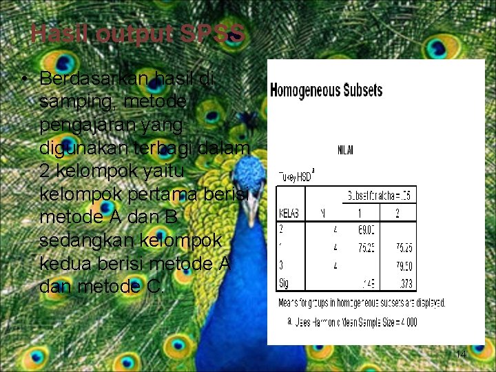 Hasil output SPSS • Berdasarkan hasil di samping, metode pengajaran yang digunakan terbagi dalam