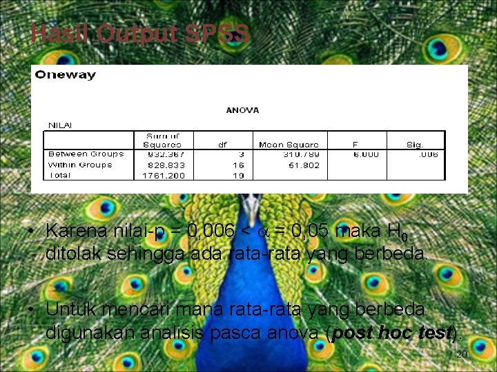 Hasil Output SPSS • Karena nilai-p = 0, 006 < = 0, 05 maka