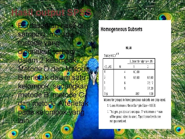 Hasil output SPSS • Berdasarkan hasil di samping, metode yang digunakan terbagi dalam 2