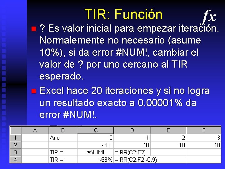 TIR: Función fx ? Es valor inicial para empezar iteración. Normalemente no necesario (asume