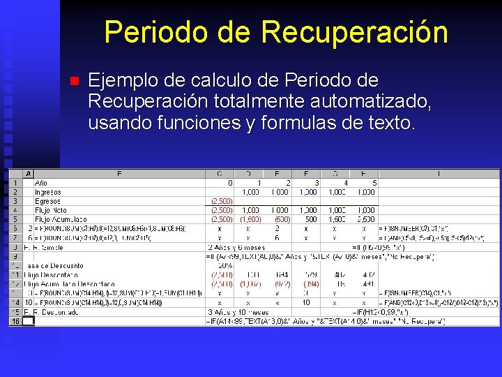 Periodo de Recuperación n Ejemplo de calculo de Periodo de Recuperación totalmente automatizado, usando