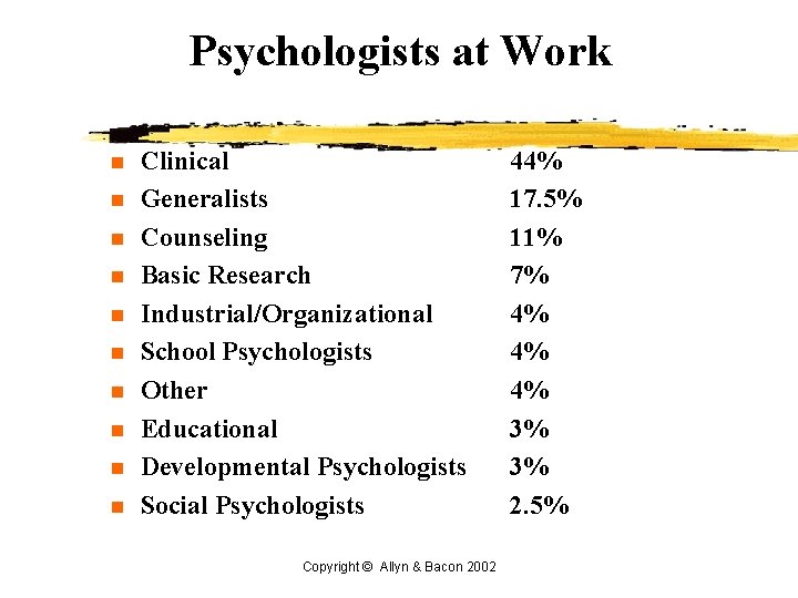 Psychologists at Work n n n n n Clinical Generalists Counseling Basic Research Industrial/Organizational