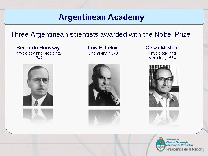 Argentinean Academy Three Argentinean scientists awarded with the Nobel Prize Bernardo Houssay Luis F.