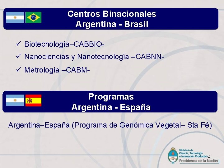 Centros Binacionales Argentina - Brasil ü Biotecnología–CABBIOü Nanociencias y Nanotecnología –CABNNü Metrología –CABM- Programas