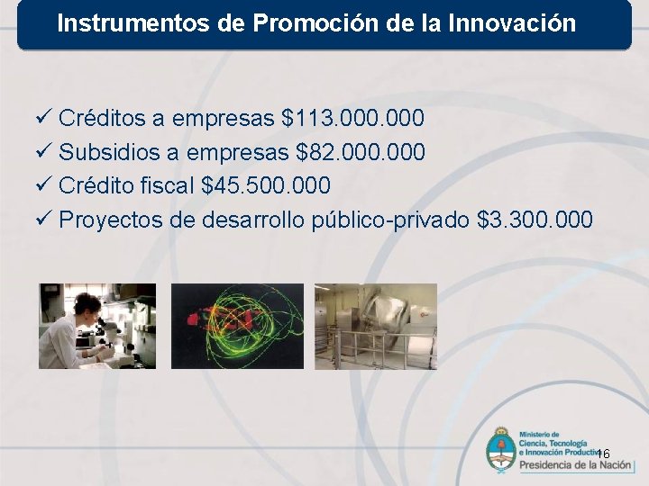 Instrumentos de Promoción de la Innovación ü Créditos a empresas $113. 000 ü Subsidios