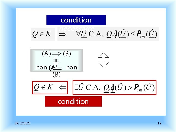 condition nécessaire (A) (B) non (A) non (B) condition suffisante 07/12/2020 12 