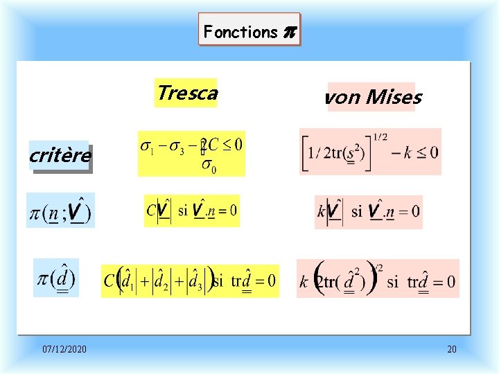 Fonctions p Tresca von Mises critère 07/12/2020 20 