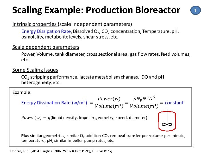 Scaling Example: Production Bioreactor 1 • 8 Tescione, et. al. (2015), Gaughan, (2016), Varley