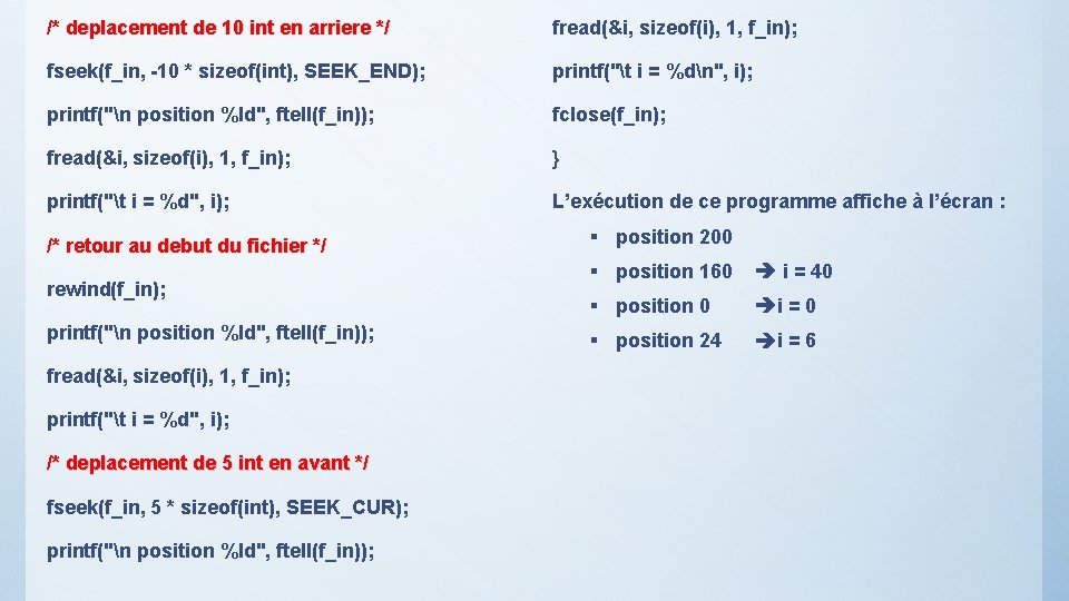 /* deplacement de 10 int en arriere */ fread(&i, sizeof(i), 1, f_in); fseek(f_in, -10