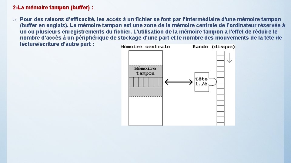 2 -La mémoire tampon (buffer) : o Pour des raisons d'efficacité, les accès à