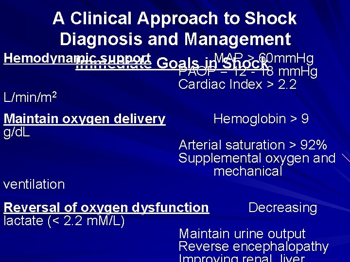 A Clinical Approach to Shock Diagnosis and Management Hemodynamic support Goals MAP > 60