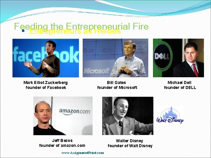 Feeding the Entrepreneurial Fire Entrepreneurs as Heroes Mark Elliot Zuckerberg founder of Facebook Bill