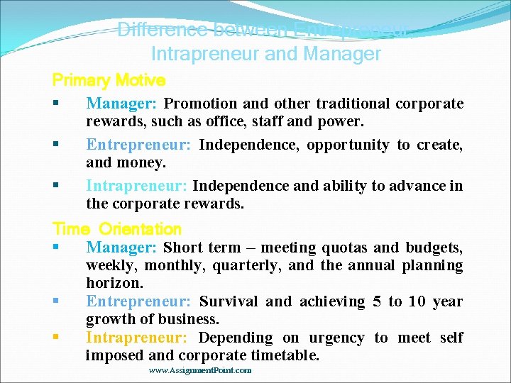 Difference between Entrepreneur, Intrapreneur and Manager Primary Motive Manager: Promotion and other traditional corporate