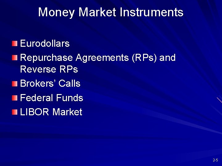 Money Market Instruments Eurodollars Repurchase Agreements (RPs) and Reverse RPs Brokers’ Calls Federal Funds
