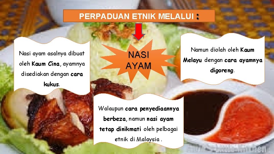 PERPADUAN ETNIK MELALUI : Nasi ayam asalnya dibuat oleh Kaum Cina, ayamnya disediakan dengan