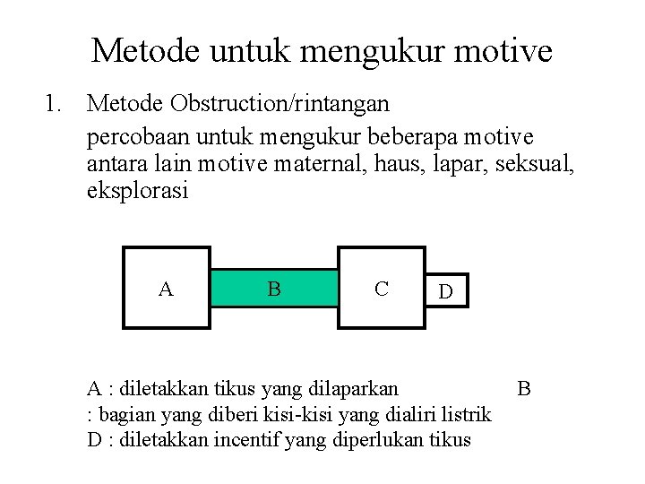 Metode untuk mengukur motive 1. Metode Obstruction/rintangan percobaan untuk mengukur beberapa motive antara lain