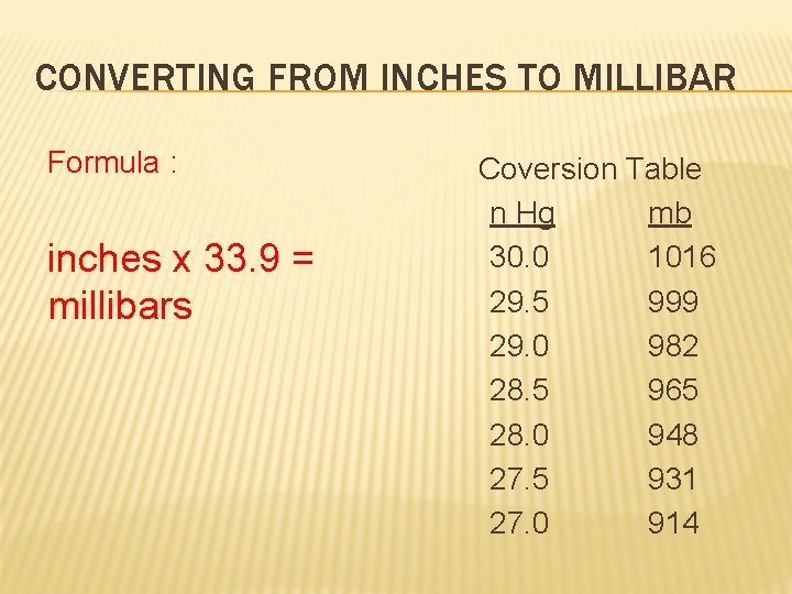 CONVERTING FROM INCHES TO MILLIBAR Formula : inches x 33. 9 = millibars Coversion