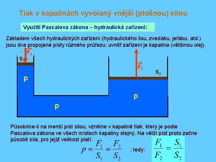 Tlak v kapalinách vyvolaný vnější (plošnou) silou Využití Pascalova zákona – hydraulická zařízení: Základem