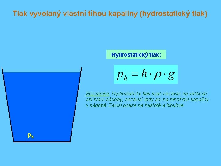 Tlak vyvolaný vlastní tíhou kapaliny (hydrostatický tlak) Hydrostatický tlak: Poznámka: Hydrostatický tlak nijak nezávisí