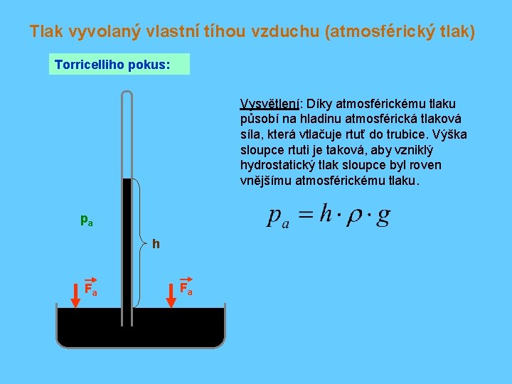 Tlak vyvolaný vlastní tíhou vzduchu (atmosférický tlak) Torricelliho pokus: Vysvětlení: Díky atmosférickému tlaku působí