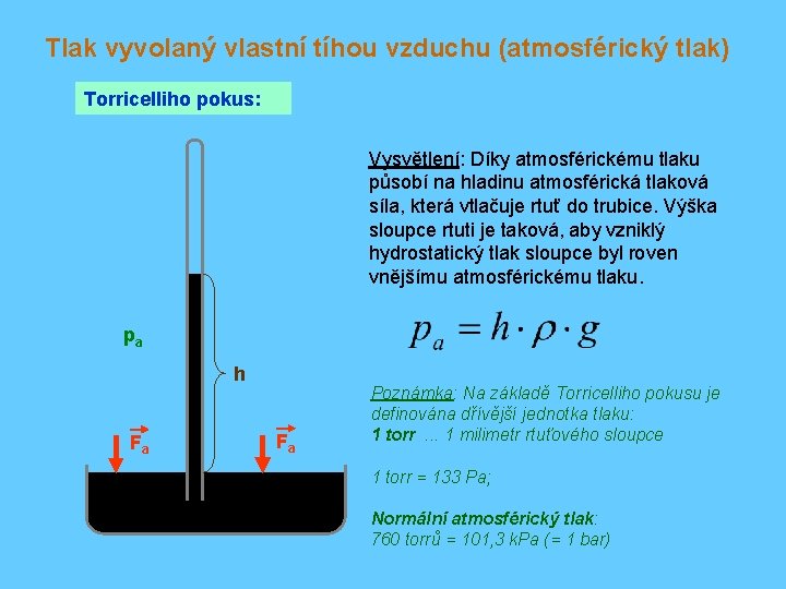 Tlak vyvolaný vlastní tíhou vzduchu (atmosférický tlak) Torricelliho pokus: Vysvětlení: Díky atmosférickému tlaku působí